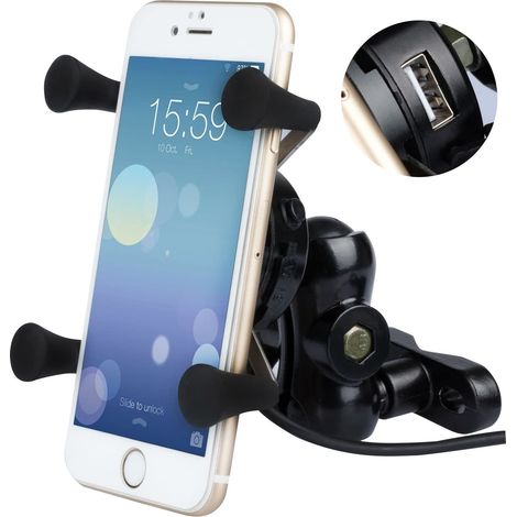 LITZEE Motorrad Handyhalter, Universal Aluminium 360 ° drehbarer Motorrad Handyhalter X-Grip mit 5V 2.1A USB Ladegerät für alle 3,5 Zoll bis 6 Zoll GPS Handys (1/4)