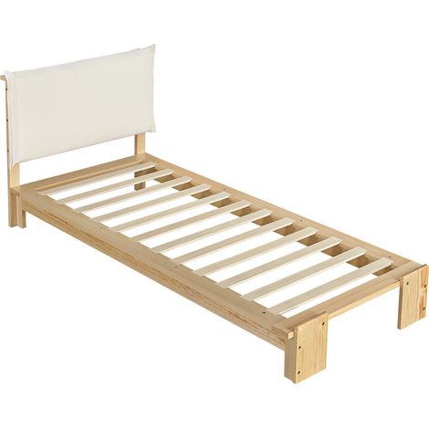 Cama tapizada 90x200 cm con cabecero acolchado y somier de lamas, natural (1/5)