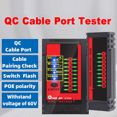 Tester per porte di cavi ET605, interruttore di controllo dell'accoppiamento, polarità POE, tensione di tenuta di 60 V con indicatore di batteria scarica, funzione di spegnimento automatico. (1/5)