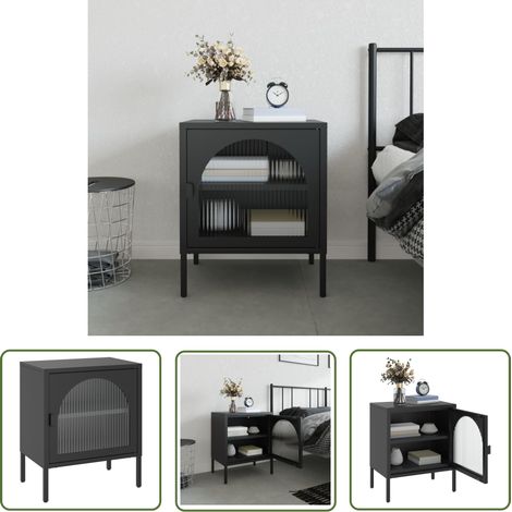 The Living Store Nachttisch Schwarz 50x35x60 cm Glas und Stahl - Nachttisch - Wohnzimmer Deko - Sideboard - Regal - Schwarz (1/5)