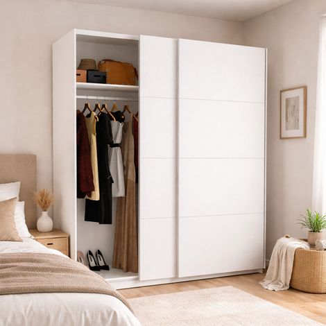 Dmora - Armario Dmarsic, Perchero para dormitorio, Armario con 2 puertas correderas, 180x65h204 cm, Blanco (1/5)