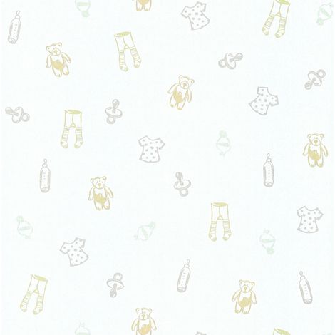 Papier peint intissé chambre bébé | Papier peint blanc motif jaune & gris enfant | Tapisserie chambre enfant motif biberon & ours - 10,05 x 0,53 m (1/5)