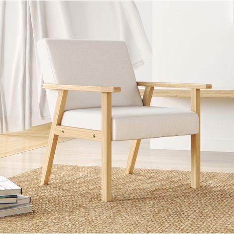 fauteuil salon scandinave bois lin creme 64x70x72 cm OKMYHOME (1/5)