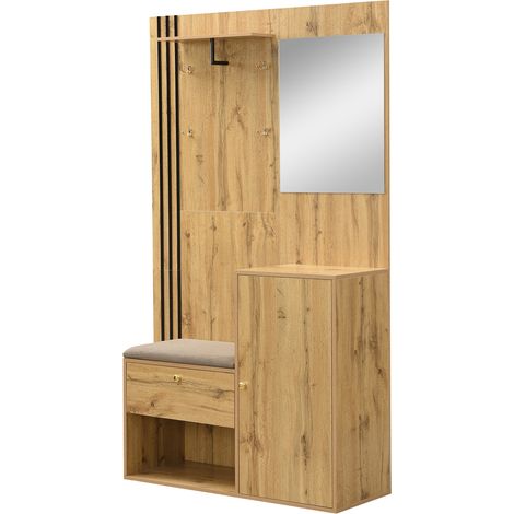 Armario recibidor con espejo y asiento acolchado 115 x 185 x 37 cm MDF color madera y negro HOMVRA (1/5)
