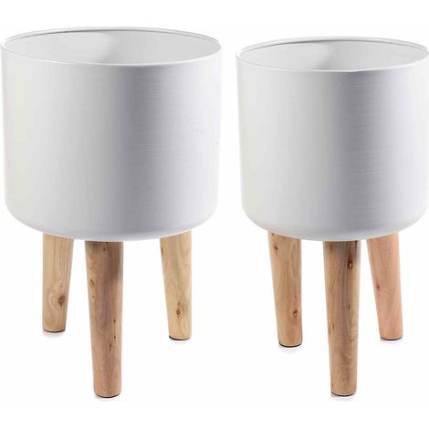 Vasi in metallo bianco con treppiede in legno in set da due pezzi, Grande: Ø 28 cm x 42,5 H