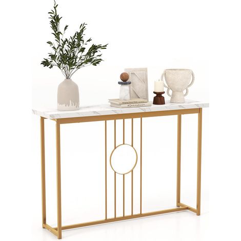 Plateau effet marbre, table console d'entrée pour décoration et rangement, gain de place avec structure métal (1/5)