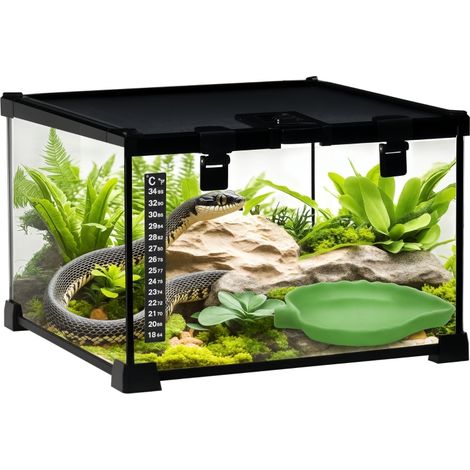 Boîte à Reptiles avec Thermomètre et Bol d'Eau Habitat Anti-Évasion 30x30x20 cm Noir (1/5)