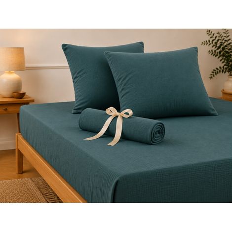 Pack Drap Housse 140 x 190 cm + 2 Taies d’Oreiller 60 x 60 cm Double Gaze de Coton GAÏA Bleu canard