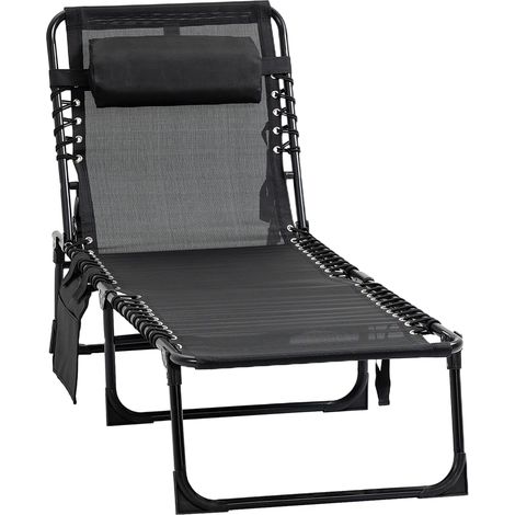 Outsunny Klapp-Sonnenliege, Relaxsessel mit 5 verstellbaren Rückenlehnenpositionen, abnehmbarer Kopfstütze, Seitentasche, Textilene-Bezug, Stahlrahmen, Maße: 189 x 58 x 30 cm, Schwarz