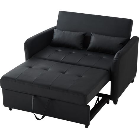 Canapé convertible 2 places en tissu noir, couchage escamotable et dossier réglable, 122 x 83 x 82 cm, pour petit espace (1/5)