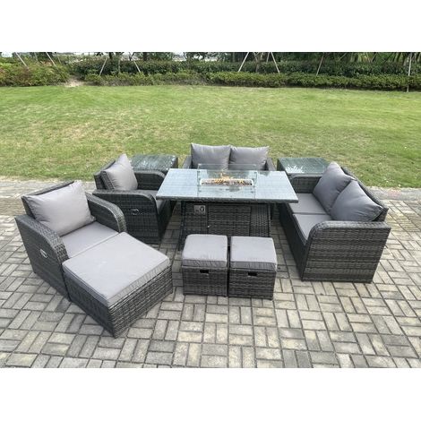 Fimous 9-Sitzer Rattan Gartenmöbel Set Propan Gas Feuergrube Tisch und Sofa Stuhl set mit 3 Fußhocker 2 Beistelltische (1/5)