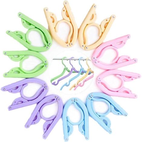 Paquete de 10 perchas de plástico plegables para ropa de viaje (mezcla de azul, verde, rosa, amarillo y morado), perchas portátiles. (1/4)