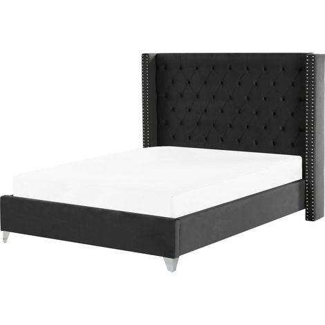 Sommier à Lattes Double 160 x 200 cm en Velours Noir Tête de Lit Chesterfield Lubbon