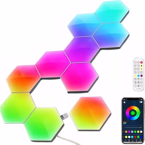 Ensemble de 10 appliques murales hexagonales modulaires RGB, 16 millions de couleurs, plus de 200 styles, contrôle via application, télécommande, plusieurs modes, synchronisation musicale, éclairage g (1/5)