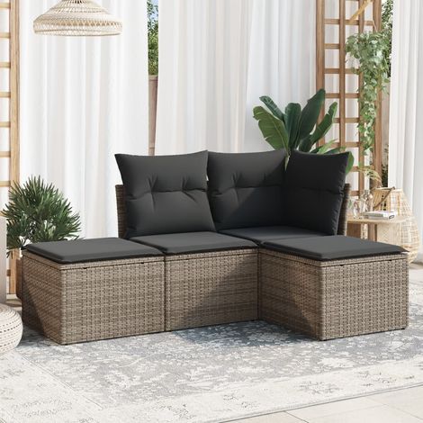 4-tlg. Garten-Sofagarnitur mit Kissen Grau Poly Rattan (1/3)