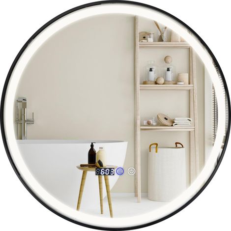 Costway – Miroir lumineux salle de bain LED 60x60 cm – 3 couleurs réglables – Anti-buée – Interrupteur tactile – Affichage numérique temps/température (1/5)