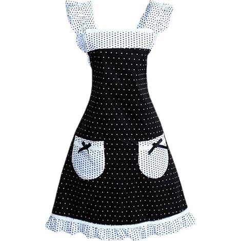mignon style princesse Dots Motif Falbala Décor femmes tablier de cuisson de la cuisine avec 2 poches bowknot (noir + blanc) (1/5)