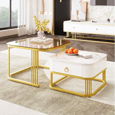 Couchtisch-Set 60x60x44.5 cm + 50x50x34.5 cm weiß-gold MDF mit Glasplatte und Schublade (1/5)