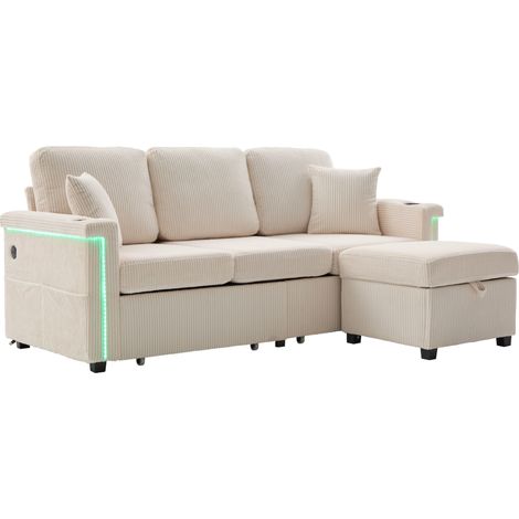 Canapé modulable en velours côtelé beige avec LED, USB/TypeC, rangements latéraux, tiroirs et coffre, pour salon, chambre ou bureau  CHICFURN (1/5)