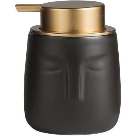 (Black) Modern soap dispenser, ceramic face-shaped bottle with rust-resistant gold pump, decorative lotion dispenser for bathroom or kitchen (1/5)