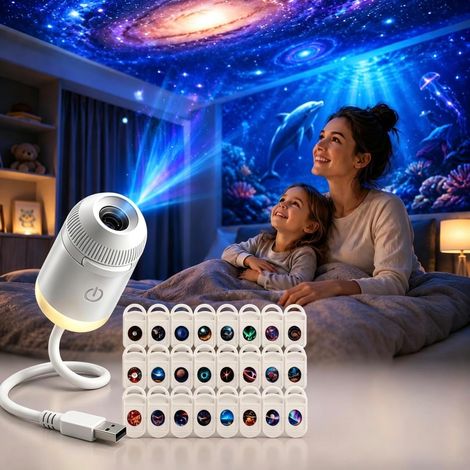 Proiettore olografico 5D HD intelligente per luci notturne, mini proiettore USB di stelle e galassie con 24 dischi di pellicola, rotazione a 360°, illuminazione ambientale per camera da letto, soffitt (1/5)