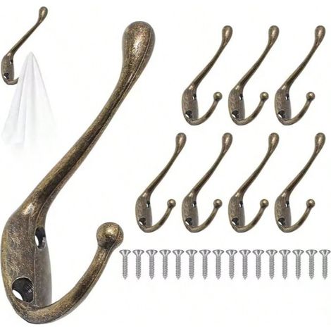 8pcs Crochet de Manteau Murale Vintage Bronze, Crochets de Mural Rétro Double Métal, Crochets Muraux Patère avec Vis, Crochet Métal de Porte Chapeau pour Mural Salle de Bain Cuisine