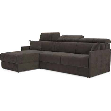 Miryam divano letto angolare compatto - poggiatesta reclinabili e penisola contenitore in tessuto smacchiabile T31 232 cm sinistro nero fumo (1/5)