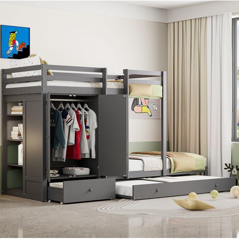 Lit superposé 90x200 avec lit tiroir, armoire intégrée, tiroirs et étagère, structure en bois gris pour chambre enfant et invités - CHICFURN (1/5)
