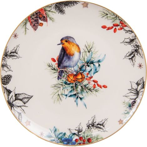 Assiette à Petit-Déjeuner en Porcelaine Blanche avec Motif Oiseau Champêtre Ø 21 x 2 cm - PANGIVO (1/4)
