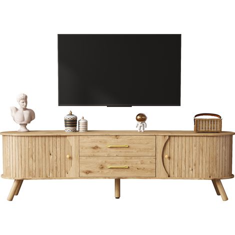 Meuble TV pois rainures verticales 2 portes coulissantes 2 tiroirs bois massif scandinave (1/5)