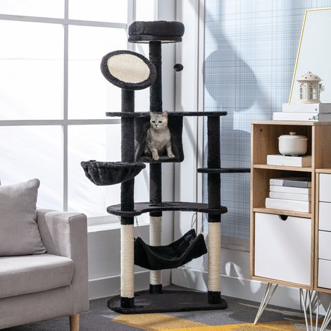 Árbol Rascador para Gatos Grande 65x50x153 cm Torre para Gatos Centro de Actividades con Múltiples Plataforma Poste Hamaca Bolas de Juguete y Cueva Gris Oscuro (1/5)