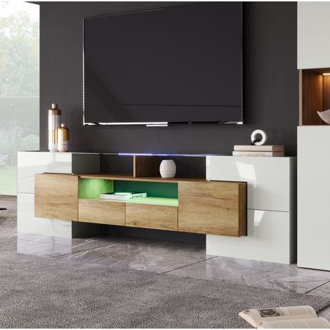 Meuble TV 200 cm en MDF blanc brillant et bois clair, 6 portes, 2 tiroirs, 3 niches, éclairage LED multicolore contrôlable par application – de FLORAGRACE (1/5)