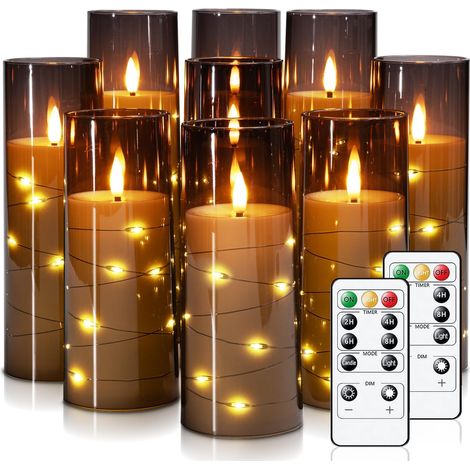 Lot de 9 bougies sans flamme vacillantes avec guirlande lumineuse, bougies à piles avec télécommande et minuteur, guirlande lumineuse LED intégrée, acrylique, décoration d'intérieur, gris (1/5)