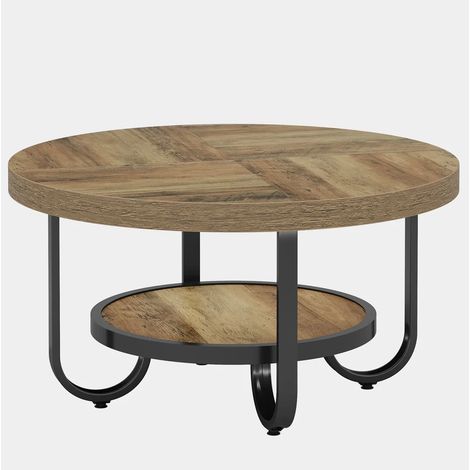 Table basse ronde à deux niveaux en MDF avec piètement métal, finition bois, 79 cm de hauteur (1/5)