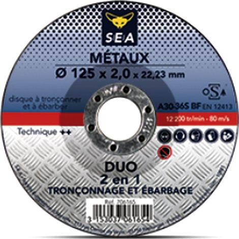 Disque tronçonnage et ébarbage SEA 2 en 1 pour couper et poncer diamètre 125 mm