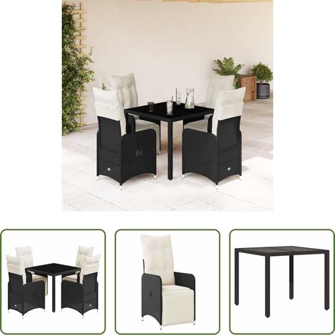 Gartentisch -  5-tlg. Garten-Bistro-Set mit Kissen Schwarz Poly Rattan (1/5)