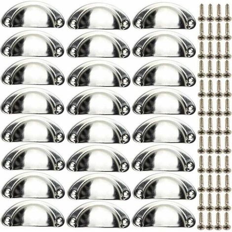 24 Poignées de Meubles Coquille Vintage - Boutons de Tiroir Semi-Circulaires pour Armoires - Avec Vis, Chrome (1/4)