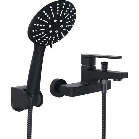 Mitigeur Douche avec Douchette Robinet douche Noir Robinet baignoire Montage Mural avec Support et Flexible douche 150 cm pour Salle de Bain (1/5)