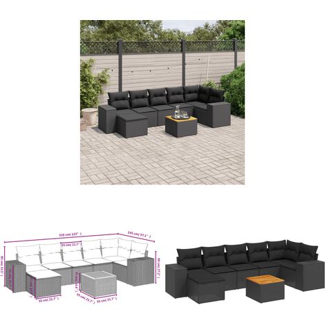Salon de jardin 8 pcs avec coussins noir résine tressée - Salon De Jardin - Meuble Extérieur - Set Salon - Résine Tressée - Rotin Synthétique - Home & Living (1/3)