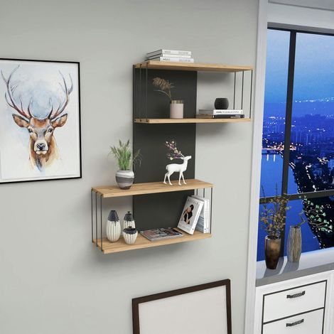 Etagère murale moderne effet bois & gris - 2 niches JENA (1/5)