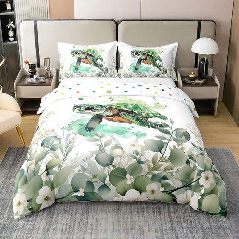 Parure de lit légère - Motif tortue de mer - 135 x 200 cm - Housse de couette confortable - Motif : tortue aquarelle, reptiles, animaux de la jungle, feuilles, plantes, fleurs (1/5)