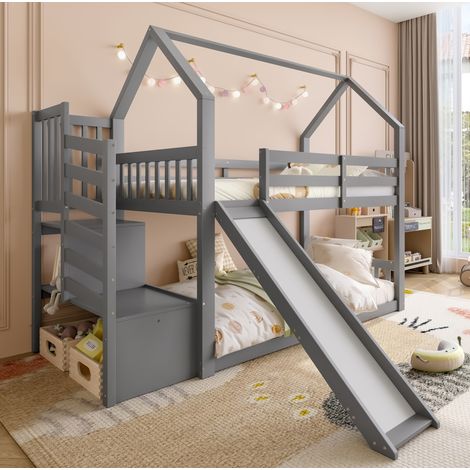 Etagenbett 90x200 cm grau aus Kiefernholz und MDF mit Stauraumtreppe und Rutsche (1/5)