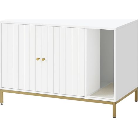 Meuble Litière pour Chat, Maison de Toilette pour Chat, avec Tapis de Grattage, Pieds Hauts, Table d'Appoint, 90 x 48 x 61,5 cm, Blanc et Doré PCL027W01 (1/5)
