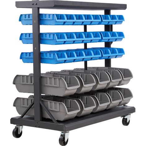 Mophorn Scaffale portaoggetti mobile a 5 ripiani con ruote, dotato di 68 contenitori in plastica su entrambi i lati. Ideale per organizzare utensili e accessori in garage, uffici, ristoranti e aule. (1/5)