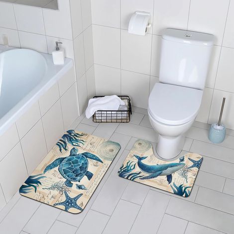 Lot de 2 Tapis de Bain Antidérapant et Super Absorbant - Lavable en Machine, Super Doux - 1 pour Salle de Bain (40 × 60 cm) et 1 pour WC (50 × 40 cm) - Monde Sous-Marin (1/5)