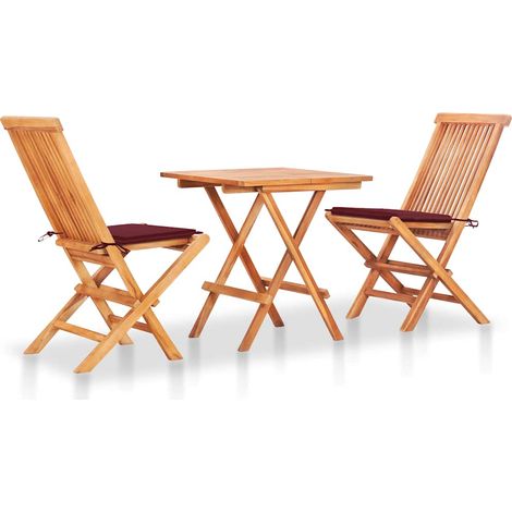 Ensemble de bistro 3 pcs avec coussins rouge bordeaux Teck (1/5)