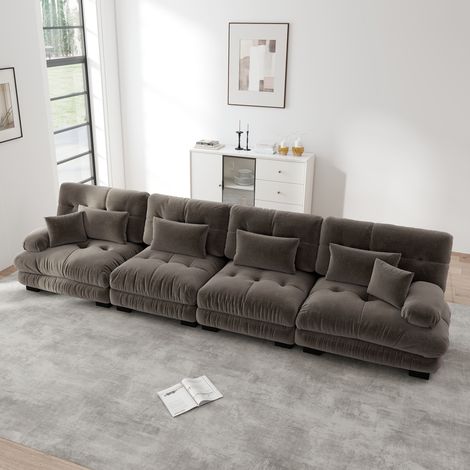 REDOM Canapé 4 places modulaire, assise profonde, accoudoirs ronds rembourrés, coussins confort, chenille vintage marron