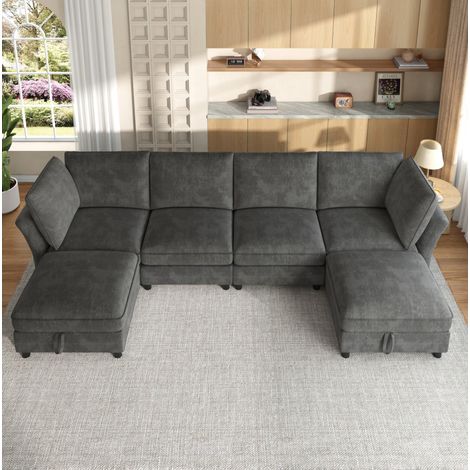 Sofá modular rinconero U/L 6 plazas con 2 pufs con almacenaje de chenilla gris OKWISH (1/5)