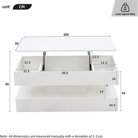 Mesa de centro 100x50x42 cm blanca con LED, tapa elevable y almacenaje, madera MEUBLIV (1/5)
