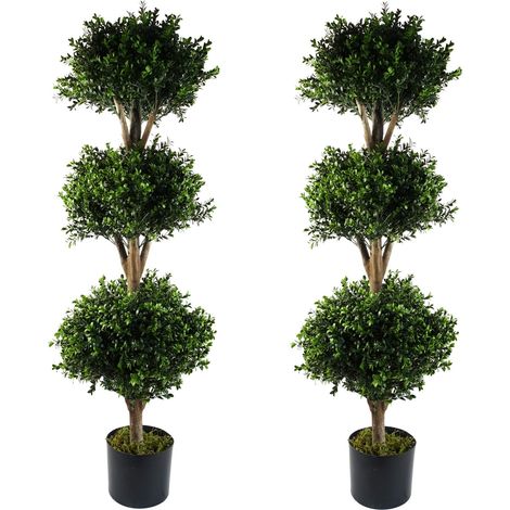 120cm Pair of Buxus Triple Ball Artificial Tree UV Resistant Outdoor Topiary (1/4)